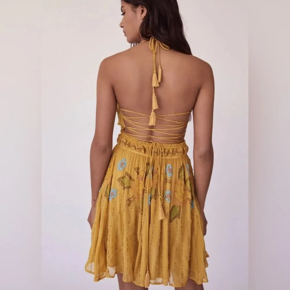 Free people sun beam halter mini dress beaded strappy open back RARE nwt‎ - Picture 2 of 8